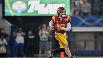 Jan 2, 2023; Arlington, Texas, USA; USC Trojans quarterback Caleb Williams (13) in action during the
