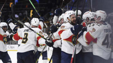 Apr 30, 2023; Boston, Massachusetts, USA; The Florida Panthers celebrate their overtime win over the Boston Bruins in game seven of the first round of the 2023 Stanley Cup Playoffs at TD Garden. Mandatory Credit: Bob DeChiara-USA TODAY Sports