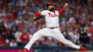 Jose Alvarado (46) pitches against the Houston Astros during the fifth inning in game four of the 2022 World Series at Citizens Bank Park. Mandatory Credit: Bill Streicher-USA TODAY Sports