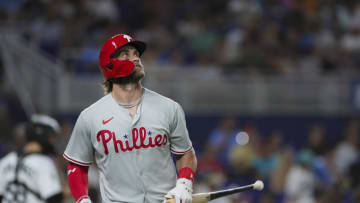Bryce Harper #3 of the Philadelphia Phillies reacts after his at-bat against the Miami Marlins at loanDepot park on July 7, 2023 in Miami, Florida. (Photo by Sam Navarro/Getty Images)