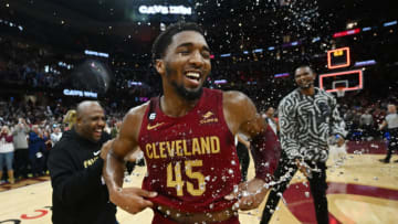 Jan 2, 2023; Cleveland, Ohio, USA; Cleveland Cavaliers guard Donovan Mitchell (45) celebrates after scoring 71 points to set the franchise record as the Cavaliers beat the Chicago Bulls at Rocket Mortgage FieldHouse. Mandatory Credit: Ken Blaze-USA TODAY Sports