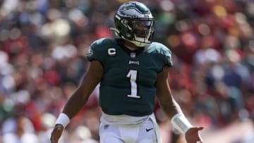 LANDOVER, MARYLAND - SEPTEMBER 25: Quarterback Jalen Hurts #1 of the Philadelphia Eagles reacts to a play against the Washington Commanders at FedExField on September 25, 2022 in Landover, Maryland. (Photo by Patrick Smith/Getty Images)