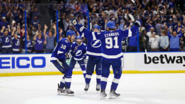 Jun 20, 2022; Tampa, Florida, USA; Tampa Bay Lightning right wing Corey Perry (10) reacts after scoring a gaol against the Colorado Avalanche during the second period in game three of the 2022 Stanley Cup Final at Amalie Arena. Mandatory Credit: Geoff Burke-USA TODAY Sports