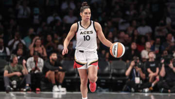Aug 6, 2023; Brooklyn, New York, USA; Las Vegas Aces guard Kelsey Plum (10) brings the ball up court in the third quarter against the New York Liberty at Barclays Center. Mandatory Credit: Wendell Cruz-USA TODAY Sports