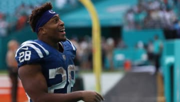 Jonathan Taylor smiles at fans at Hard Rock Stadium in Miami Gardens, Fla., on Sunday, Oct. 3, 2021, after the second half of a 27-17 Colts win at the Miami Dolphins.100321 Coltsmiami 054 Jw