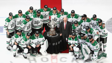 EDMONTON, ALBERTA - SEPTEMBER 14: The Dallas Stars pose for a team photo with Bill Daly, the deputy commissioner and chief legal officer of the National Hockey League (NHL) and the Clarence S. Campbell Bowl after winning the Western Conference Championship over the Vegas Golden Knights in Game Five during the 2020 NHL Stanley Cup Playoffs at Rogers Place on September 14, 2020 in Edmonton, Alberta, Canada. (Photo by Bruce Bennett/Getty Images)