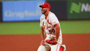 Adam Wainwright #50 of the St. Louis Cardinals reacts after failing to field a ground ball in the third inning against the Chicago Cubs at Busch Stadium on July 29, 2023 in St Louis, Missouri. (Photo by Dilip Vishwanat/Getty Images)