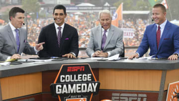 BRISTOL, TN - SEPTEMBER 10: ESPN's Rece Davis, David Pollack, Lee Corso and Kirk Herbstreit on set during College Gameday prior to the game between the Virginia Tech Hokies and the Tennessee Volunteers at Bristol Motor Speedway on September 10, 2016 in Bristol, Tennessee. (Photo by Michael Shroyer/Getty Images)