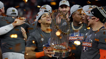 Houston Astros shortstop Jeremy Pena celebrates the team's World Series win. (Photo by Harry How/Getty Images)