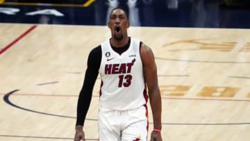Jun 4, 2023; Denver, CO, USA; Miami Heat center Bam Adebayo (13) reacts in the fourth quarter against the Denver Nuggets in game two of the 2023 NBA Finals at Ball Arena. Mandatory Credit: Ron Chenoy-USA TODAY Sports