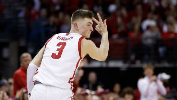 MADISON, WISCONSIN - MARCH 02: Connor Essegian #3 of the Wisconsin Badgers reacts after hitting a three-point shot during the second half of the game against the Purdue Boilermakers at Kohl Center on March 02, 2023 in Madison, Wisconsin. (Photo by John Fisher/Getty Images)