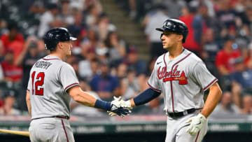 CLEVELAND, OHIO - JULY 05: Matt Olson #28 of the Atlanta Braves celebrates his solo home run with Sean Murphy #12 in the ninth inning against the Cleveland Guardians at Progressive Field on July 05, 2023 in Cleveland, Ohio. (Photo by Jason Miller/Getty Images)