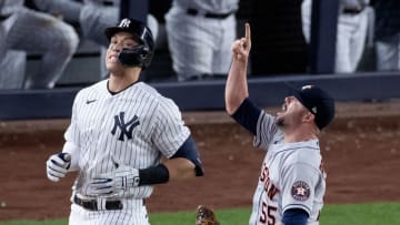 NEW YORK, NEW YORK - OCTOBER 23: Ryan Pressly #55 of the Houston Astros celebrates the out of Aaron Judge #99 of the New York Yankees to win game four and the American League Championship Series at Yankee Stadium on October 23, 2022 in the Bronx borough of New York City. (Photo by Al Bello/Getty Images)
