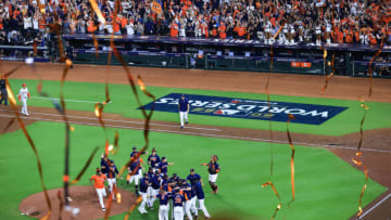 HOUSTON, TEXAS - NOVEMBER 05: The Houston Astros celebrate after defeating the Philadelphia Phillies 4-1 to win the 2022 World Series in Game Six of the 2022 World Series at Minute Maid Park on November 05, 2022 in Houston, Texas. (Photo by Carmen Mandato/Getty Images)