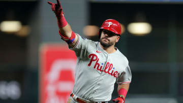 HOUSTON, TEXAS - NOVEMBER 05: Kyle Schwarber #12 of the Philadelphia Phillies rounds the bases after hitting a home run against the Houston Astros during the sixth inning in Game Six of the 2022 World Series at Minute Maid Park on November 05, 2022 in Houston, Texas. (Photo by Carmen Mandato/Getty Images)