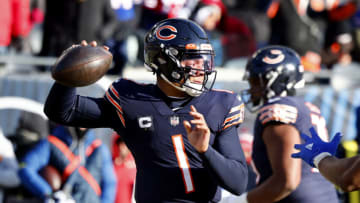 Dec 24, 2022; Chicago, Illinois, USA; Chicago Bears quarterback Justin Fields (1) drops back to pass against the Buffalo Bills during the second half at Soldier Field. Mandatory Credit: Mike Dinovo-USA TODAY Sports