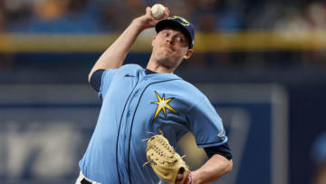Aug 21, 2022; St. Petersburg, Florida, USA; Tampa Bay Rays relief pitcher Pete Fairbanks (29) throws a pitch against the Kansas City Royals in the ninth inning at Tropicana Field. Mandatory Credit: Nathan Ray Seebeck-USA TODAY Sports