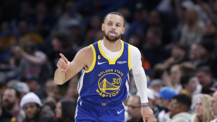 Jan 30, 2023; Oklahoma City, Oklahoma, USA; Golden State Warriors guard Stephen Curry (30) gestures after scoring a basket against the Oklahoma City Thunder during the second half at Paycom Center. Mandatory Credit: Alonzo Adams-USA TODAY Sports