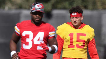 TEMPE, ARIZONA - FEBRUARY 08: Melvin Gordon III #34 and Patrick Mahomes #15 of the Kansas City Chiefs participate in practice prior to Super Bowl LVII at Arizona State University on February 08, 2023 in Tempe, Arizona. The Kansas City Chiefs play the Philadelphia Eagles in Super Bowl LVII on February 12, 2023 at State Farm Stadium. (Photo by Christian Petersen/Getty Images)