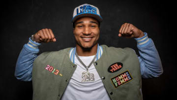 KANSAS CITY, MO - APRIL 28: Brian Branch poses for a photo after being selected 45th overall in the second round by the Detroit Lions during the 2023 NFL Draft at Union Station on April 27, 2023 in Kansas City, Missouri. (Photo by Todd Rosenberg/Getty Images)