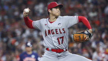 Jun 2, 2023; Houston, Texas, USA; Los Angeles Angels starting pitcher Shohei Ohtani (17) delivers a pitch during the fifth inning against the Houston Astros at Minute Maid Park. Mandatory Credit: Troy Taormina-USA TODAY Sports