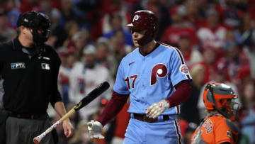 Nov 3, 2022; Philadelphia, Pennsylvania, USA; Philadelphia Phillies first baseman Rhys Hoskins (17) reacts after striking out against the Houston Astros during the seventh inning in game five of the 2022 World Series at Citizens Bank Park. Mandatory Credit: Bill Streicher-USA TODAY Sports