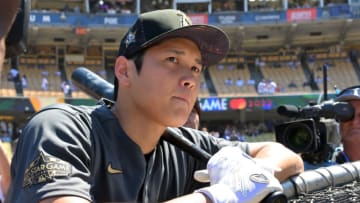 Jul 19, 2022; Los Angeles, California, USA; American League pitcher/designated hitter Shohei Ohtani (17) of the Los Angeles Angels looks on after batting practice before the 2022 All Star game at Dodger Stadium. Mandatory Credit: Jayne Kamin-Oncea-USA TODAY Sports