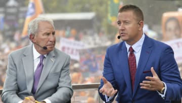 BRISTOL, TN - SEPTEMBER 10: ESPN's Lee Corso and Kirk Herbstreit on set during College Gameday prior to the game between the Virginia Tech Hokies and the Tennessee Volunteers at Bristol Motor Speedway on September 10, 2016 in Bristol, Tennessee. (Photo by Michael Shroyer/Getty Images)