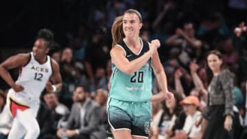 Aug 6, 2023; Brooklyn, New York, USA; New York Liberty guard Sabrina Ionescu (20) celebrates after the Las Vegas Aces call time out in the third quarter at Barclays Center. Mandatory Credit: Wendell Cruz-USA TODAY Sports