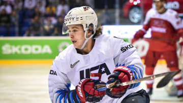 KOSICE, SLOVAKIA - MAY 18: Jack Hughes #6 of USA looks on during the 2019 IIHF Ice Hockey World Championship Slovakia group A game between Denmark and United States at Steel Arena on May 18, 2019 in Kosice, Slovakia. (Photo by Lukasz Laskowski/PressFocus/MB Media/Getty Images)