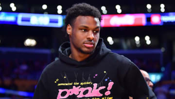 May 6, 2023; Los Angeles, California, USA; Bronny James in attendance as the Los Angeles Lakers play against the Golden State Warriors during the second half in game three of the 2023 NBA playoffs at Crypto.com Arena. Mandatory Credit: Gary A. Vasquez-USA TODAY Sports
