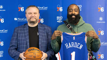 Philadelphia 76ers guard James Harden (1) and president of basketball operations Daryl Morey (L). (Bill Streicher-USA TODAY Sports)