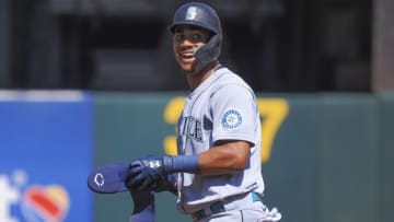 Sep 22, 2022; Oakland, California, USA; Seattle Mariners center fielder Julio Rodriguez (44) reacts after hitting a double against the Oakland Athletics during the first inning at RingCentral Coliseum. Mandatory Credit: Kelley L Cox-USA TODAY Sports