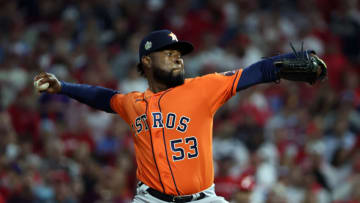 PHILADELPHIA, PENNSYLVANIA - NOVEMBER 02: Cristian Javier #53 of the Houston Astros delivers a pitch against the Philadelphia Phillies during the first inning in Game Four of the 2022 World Series at Citizens Bank Park on November 02, 2022 in Philadelphia, Pennsylvania. (Photo by Al Bello/Getty Images)