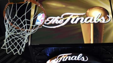 Jun 3, 2015; Oakland, CA, USA; A view of the NBA Finals logo on the scoreboard during practice prior to the NBA Finals at Oracle Arena. Mandatory Credit: Kyle Terada-USA TODAY Sports