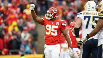 KANSAS CITY, MO - DECEMBER 29: Chris Jones #95 of the Kansas City Chiefs reacts during an NFL football game against the Los Angeles Chargers, Sunday, Dec. 29, 2019, in Kansas City, Mo. (Photo by Cooper Neill/Getty Images)