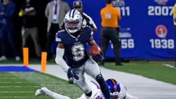 Sep 26, 2022; East Rutherford, NJ, USA; Dallas Cowboys wide receiver KaVontae Turpin (9) returns a punt past New York Giants safety Julian Love (20) during the second half at MetLife Stadium. Mandatory Credit: Robert Deutsch-USA TODAY Sports