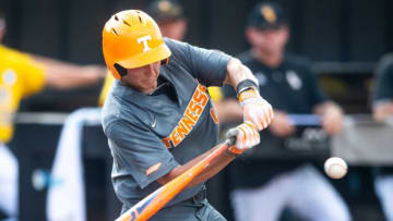 Tennessee infielder Zane Denton (44) swings a pitch during game two of the NCAA baseball super regional between Tennessee and Southern Mississippi held at Pete Taylor Park in Hattiesburg, Miss., on Sunday, June 11, 2023.