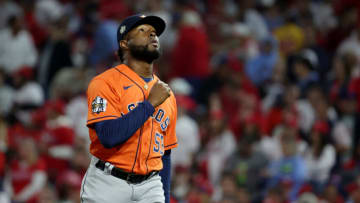 PHILADELPHIA, PENNSYLVANIA - NOVEMBER 02: Cristian Javier #53 of the Houston Astros reacts after the end of the fifth inning against the Philadelphia Phillies in Game Four of the 2022 World Series at Citizens Bank Park on November 02, 2022 in Philadelphia, Pennsylvania. (Photo by Al Bello/Getty Images)