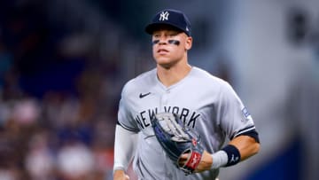 Aaron Judge #99 of the New York Yankees looks on against the Miami Marlins during the seventh inning at loanDepot park on August 13, 2023 in Miami, Florida. (Photo by Megan Briggs/Getty Images)