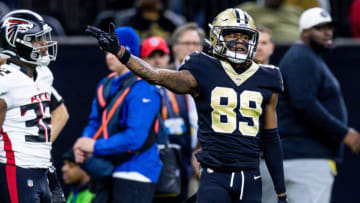 Dec 18, 2022; New Orleans, Louisiana, USA; New Orleans Saints wide receiver Rashid Shaheed (89) reacts to making a first down against Atlanta Falcons safety Jaylinn Hawkins (32) during the first half at Caesars Superdome. Mandatory Credit: Stephen Lew-USA TODAY Sports