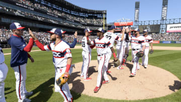 CHICAGO - JUNE 02: Tim Anderson #7, Lucas Giolito #27 and other members of the Chicago White Sox celebrate after the game against the Cleveland Indians on June 2, 2019 at Guaranteed Rate Field in Chicago, Illinois. (Photo by Ron Vesely/MLB Photos via Getty Images)
