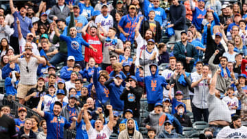 Jun 18, 2022; New York City, New York, USA; New York Mets fans celebrate after Miami Marlins second baseman Jazz Chisholm Jr. (not pictured) is ejected from the game during the ninth inning at Citi Field. Mandatory Credit: Jessica Alcheh-USA TODAY Sports