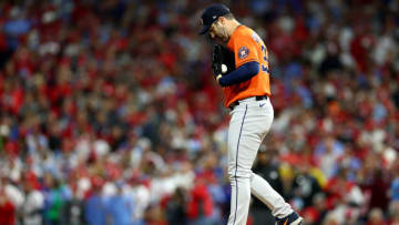PHILADELPHIA, PENNSYLVANIA - NOVEMBER 03: Justin Verlander #35 of the Houston Astros looks on from the mound during the second inning against the Philadelphia Phillies in Game Five of the 2022 World Series at Citizens Bank Park on November 03, 2022 in Philadelphia, Pennsylvania. (Photo by Elsa/Getty Images)
