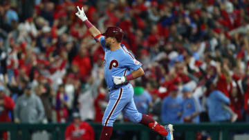 PHILADELPHIA, PENNSYLVANIA - NOVEMBER 03: Kyle Schwarber #12 of the Philadelphia Phillies hits a home run against the Houston Astros during the first inning in Game Five of the 2022 World Series at Citizens Bank Park on November 03, 2022 in Philadelphia, Pennsylvania. (Photo by Elsa/Getty Images)