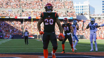 CINCINNATI, OHIO - NOVEMBER 06: Joe Mixon #28 of the Cincinnati Bengals celebrates after scoring a touchdown in the second quarter against the Carolina Panthers at Paycor Stadium on November 06, 2022 in Cincinnati, Ohio. (Photo by Dylan Buell/Getty Images)